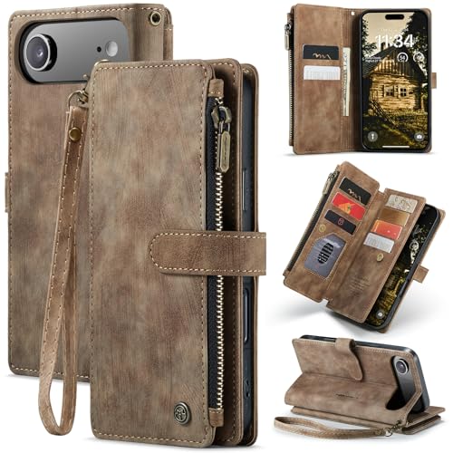 for iPhone 17 Air Wallet Case with 10 Card Holder Slots Magnetic Zipper Pocket Pouch Flip KicStand Durable Premium Leather PU with Lanyard Strap Wrist