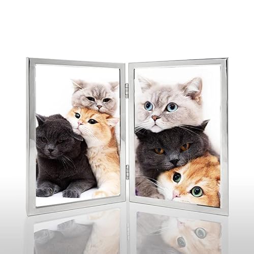 4x6 Picture Frame Double Hinged Silver Metal Thin Edge Frame with High Definition Glass Front Folding Frames Stand Vertically on Tabletop,Silver Silve