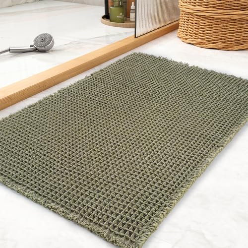 tchdio Waffle Bath Mat Rug, Super Absorbent Non Slip Bath Mats for Bathroom Mat Ultra Soft Bathmat Machine Washable Bathroom Rugs with Tassels, Bath R
