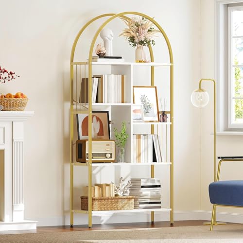 YITAHOME Gold Arched Bookshelf and Bookcase, 5 Tier Standing Book Shelf, Storage Display Rack Shelves for Bedroom Living Room Office,White&Gold 31.5"W