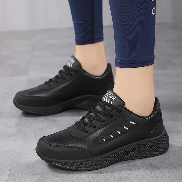Womens Leather Sneakers Casual Sneakers Lace Up Flats Lightweight Comfortable Black Anti-slip Running Shoes Outdoor SportsXJ250121