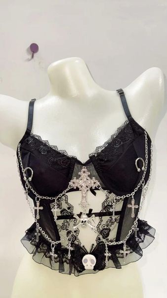 Women&#039;s Tanks Cross Tops Harajuku Fashion E Girl Clothes Fairy Grunge Y2k Crop Top Gothic Skull Lace