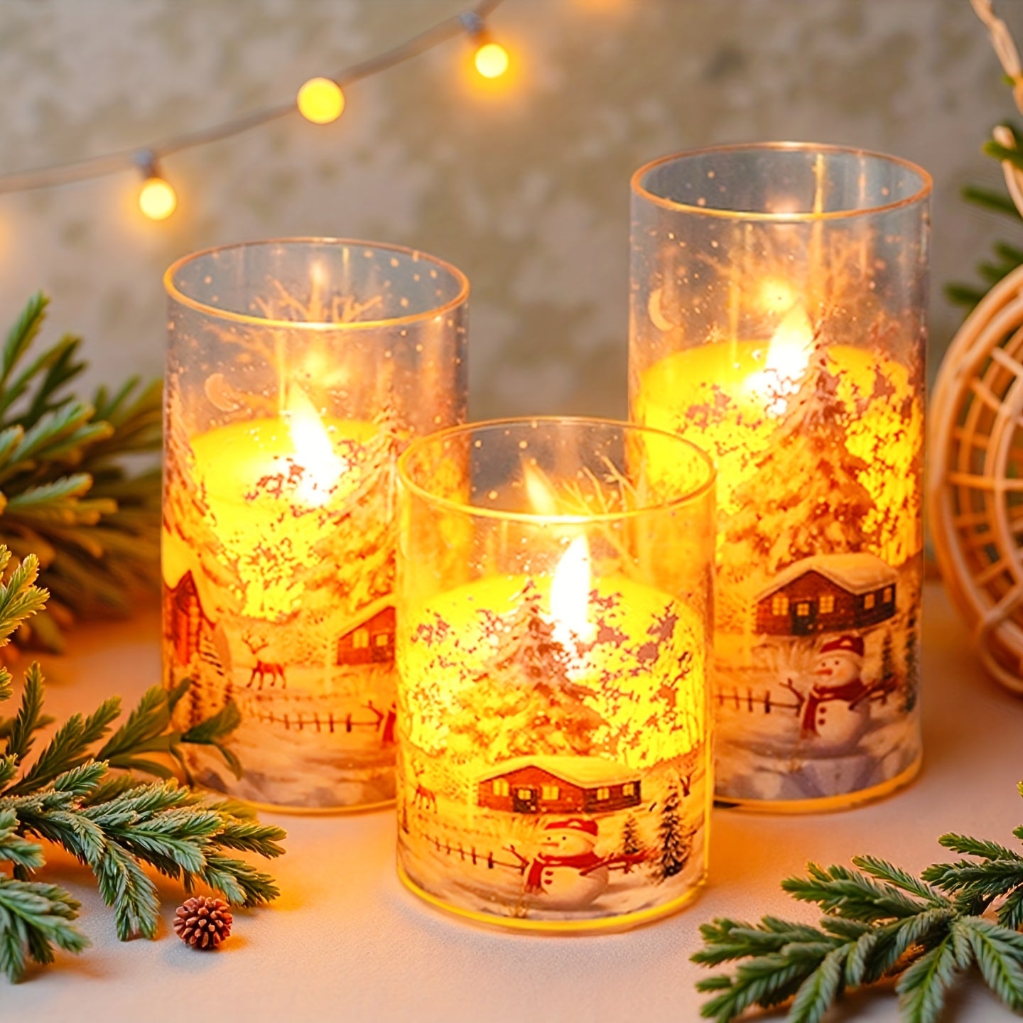 TEMU 3pcs Flameless Led Pillar Candles With Christmas Snow Scene Design, Flickering Warm Light, Battery Operated Decorative Candles With Snowman