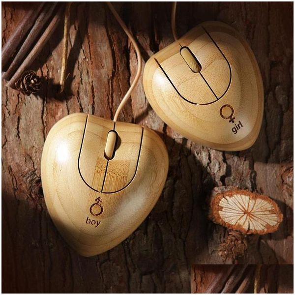 Mice Bamboo Mouse Wooden Usb Optical Wood Twins Heart Wired Creative Gifts For Uter-Laptops Handmade Lovers Drop Delivery Computers Ne Otzoh