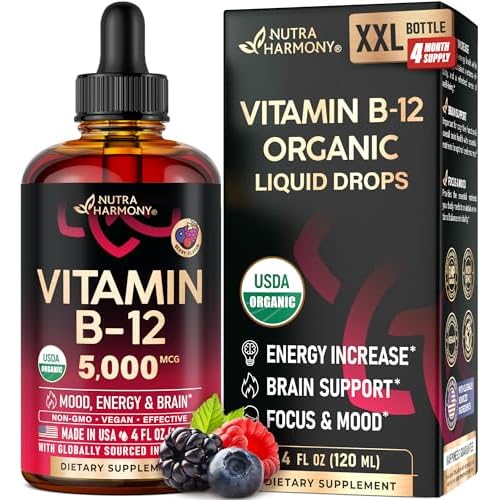 USDA Organic Vitamin B12 Sublingual Drops - 5000 mcg Liquid Vegan Methylcobalamin for Women & Men - Energy Boost, Focus & Mood, Brain Health Support -