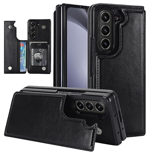 for Samsung Galaxy Z Fold 5 Wallet Case with Credit Card Holder, Fold Premium Leather Magnetic Clasp Kickstand Heavy Duty Protective Cover.(Black) Bla