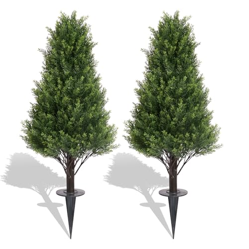 36" Artificial Cedar Topiary Trees Set of 2, UV Resistant Faux Outdoor Plants with Ground Spike, 3ft Fake Evergreen Cypress Bushes Shrubs for Outside