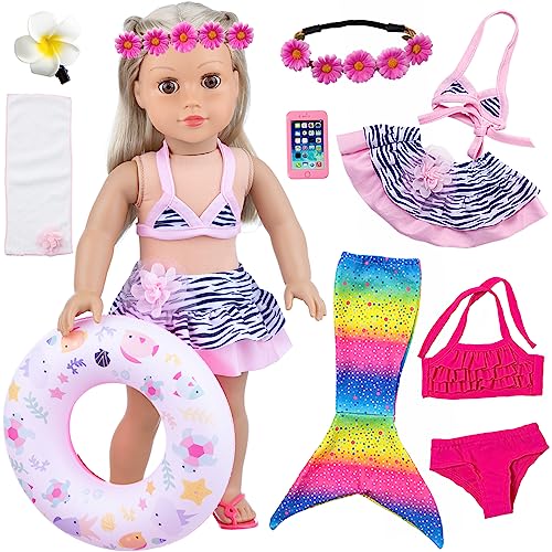 UNICORN ELEMENT 11Pcs 18 Inch Girl Doll Clothes and Accessories Set Including Colorful Mermaid Swimsuits,Mobile Phone,Hairpin,Swimming Circle