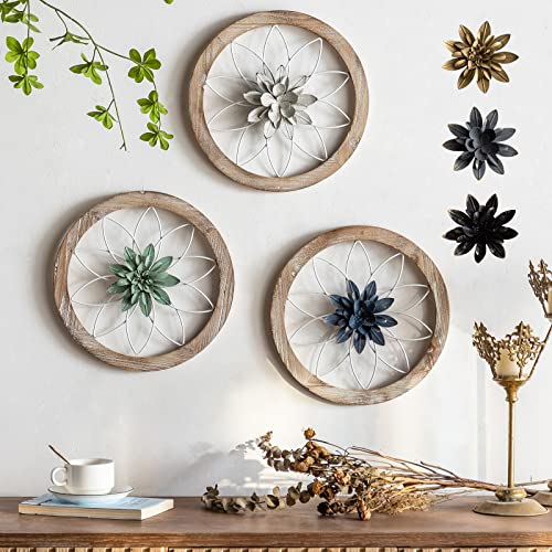 Paquesta 3 Piece Round Farmhouse Wall Decor with 6 Piece Interchangeable Flowers 12'' Medallion Wood & Metal Rustic Wall Art for Living Room Bedroom K