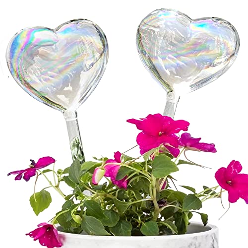Kingbuy Self Watering Spikes Plant Watering Globes Iridescent Color Heart Shaped Glass Water Bulbs Devices for Plants, 2 Pack 2 Heart