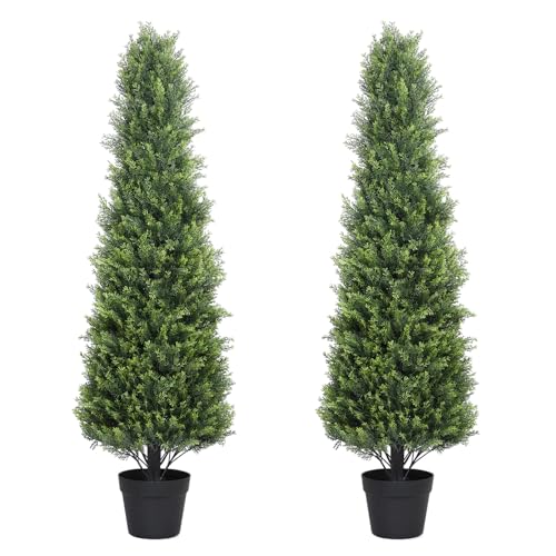 Artificial Cedar Topiary Trees Set of 2, 48'' UV Resistant Faux Cypress Pine Plants Outdoor, 4ft Large Realistic Faux Evergreen Cone Bushes & Shrubs f