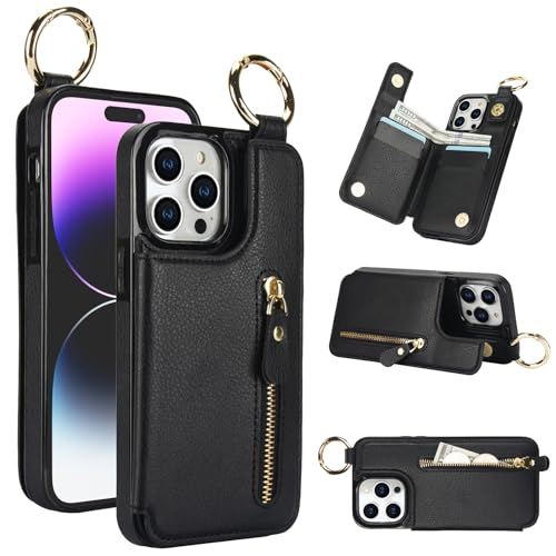 for iPhone 14 Pro Wallet Case with Zipper and Credit Card Holder, Cash Slot, PU Leather Magnetic Clasp Kickstand Heavy Duty Ring Protective Cover.(Bla