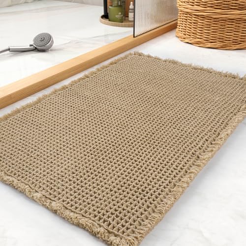 Waffle Bath Mat, Super Absorbent Non Slip Bath Mat Ultra Soft Bathmat Machine Washable Bath Rugs with Tassels, Beside Tub, 20" x 32", Brown Brown 1'8"
