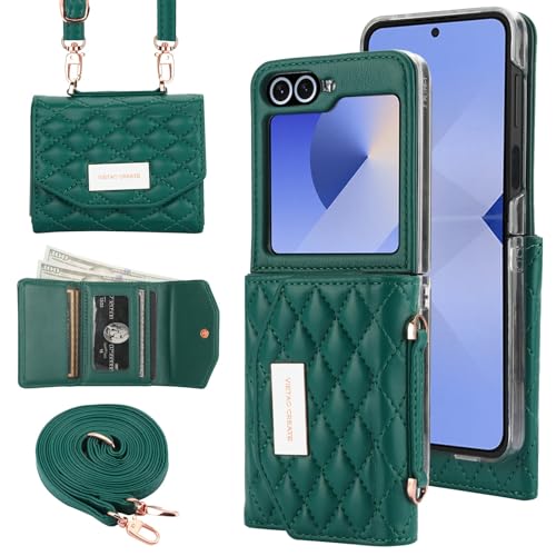 for Samsung Galaxy Z Flip 5 Wallet Case with Built-in Leather Cash Slot and Credit Card Holder, Adjustable Crossbody Strap, Hinge Protection for Women