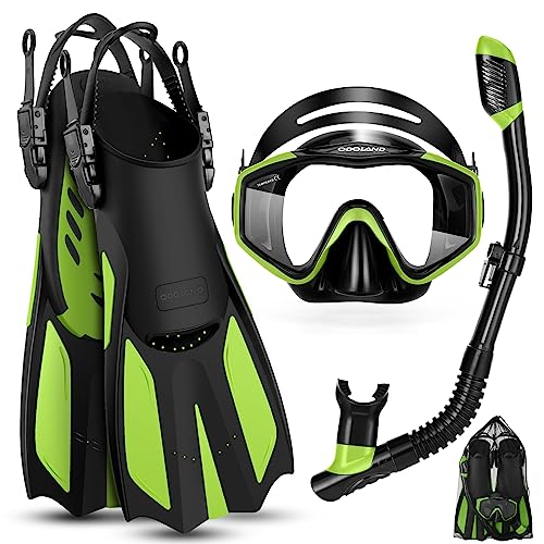 Odoland Kids Snorkeling Packages Mask Fins Set, Anti-Fog and Anti-Leak Dry Top Diving Mask with Adjustable Swim Fins for Boys and Girls Age 9-15 Green