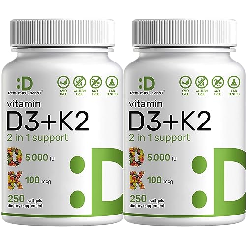 DEAL SUPPLEMENT 2 Pack Vitamin D3 5,000 IU + K2 MK7 Softgels, 500 Count | 2-in-1 Complex | Supports Heart, Bone, Teeth & Immune Health | Easy to Swall