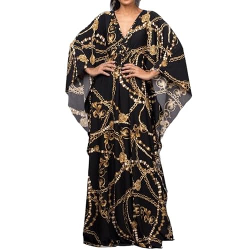 Bsubseach Women Ethnic Print Kaftan Beach Dress Plus Size Swimsuit Cover Up Black Chain
