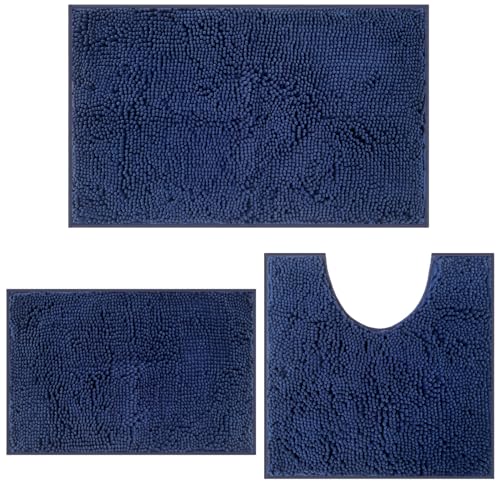 RUN HELIX Navy Blue Bath Mat Set, 3 Pieces, Chenille, Non Slip, Absorbent, Washable, Plush, Ultra Soft, Bathroom, Tub, Shower Blue Navy 16" x 24" & 20