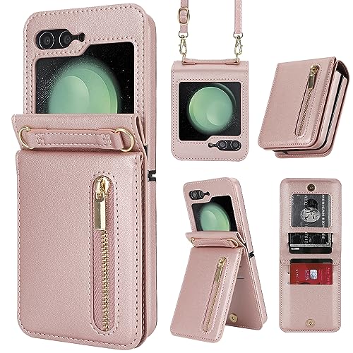 for Samsung Galaxy Z Flip 5 Luxury Zipper Wallet Phone Case, Multi-Function Kickstand Card Holder Adjustable Crossbody Strap, Fashion Flip Case.(Roseg