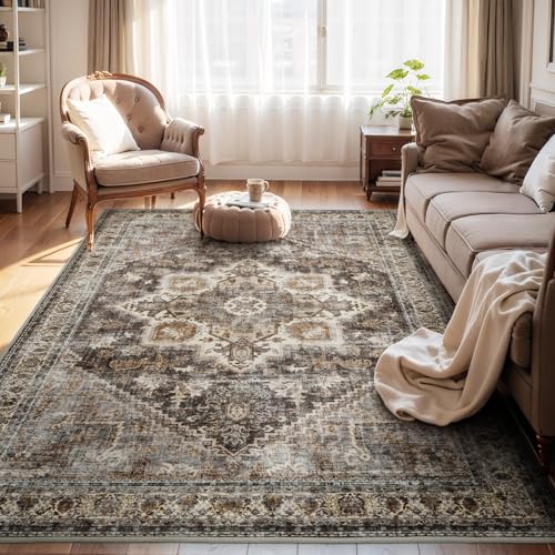 Brown Rugs for Living Room 8x10 Area Rug Soft Living Room Carpet-Rugs for Bedroom Machine Washable Rug Vintage Oriental Floral Dining Room Rug Non Sli