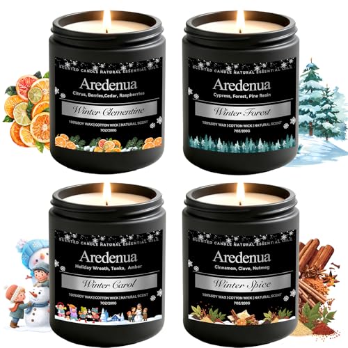 Winter Candles Set – 4 Pack Holiday Scented Candles, 28oz Soy Candle for Home Scented, Cozy Scents of Winter Carol-Spice-Clementine-Forest - Holiday