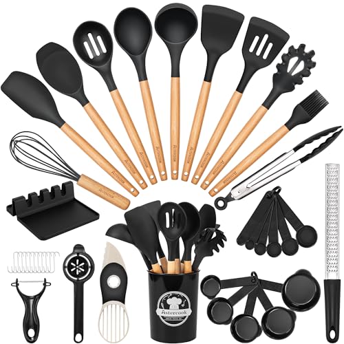 Astercook Silicone Cooking Utensils Set, 38 PCS Kitchen Utensils Set for 446°F Heat Resistant, Food Grade Utensil Sets with Wooden Handle, Kitchen Ga