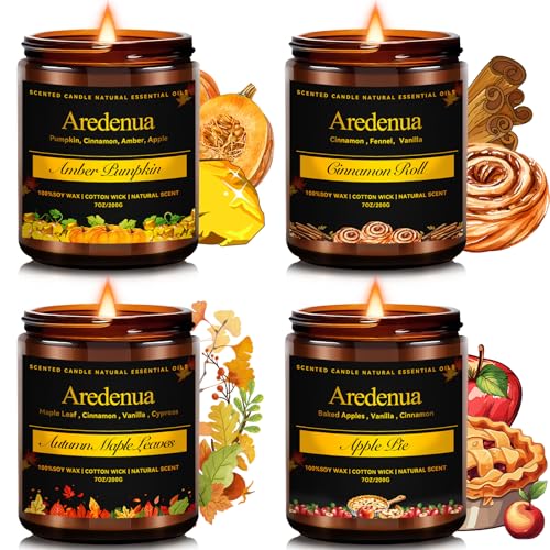 Fall Candles Set | 4 Pack Autumn Scented Candles, Soy Candles for Home Scented, Cozy Seasonal Candle Gifts for Women Men - Fall Scents of Cinnamon Rol