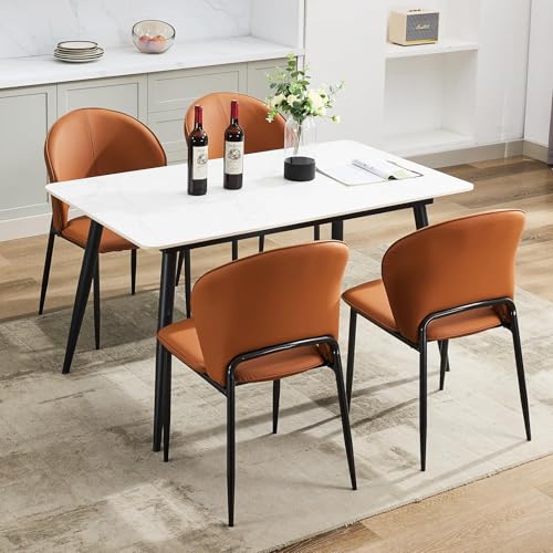 Set of 4 Dining Chairs Mid Century Modern Upholstered Chair with Metal Legs Mid-Back Accent Chair Faux Leather for Kitchen and Dining Room (Brown,4 Pa