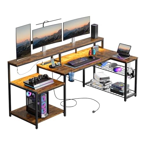 Bestier 71.5 inch Computer Desk with Power Outlets, LED Large Home Office Desk with Monitor Stand, L Shaped Corner Desk with Printer Stand Adjustable