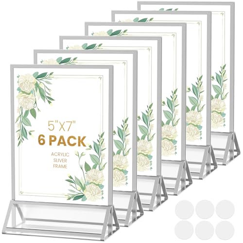5X7 Sliver Picture Frames Acrylic Sign Holder Double-Sided 5X7 Sliver Frames for Menu Holder Wedding Table Number Holder Christmas Photo Frames with C