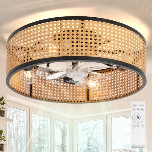 Boho Style Rattan Fandelier, 20" Flush Mount Ceiling Fan with Light & Remote Control, Drum Shade, Bladeless-Quiet Motor-Low Profile, for Kitchen Bedro