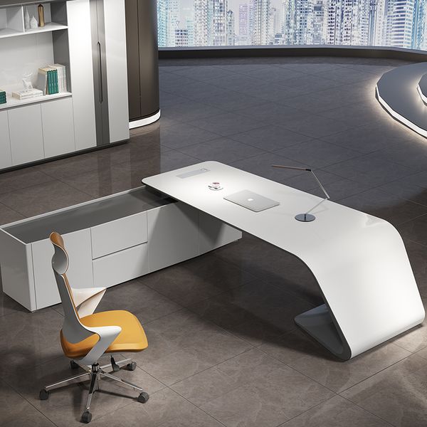 CEO Boss L Shape with Drawer White Luxury Office Furniture Manager High Tech Modern Home Executive Office Desk