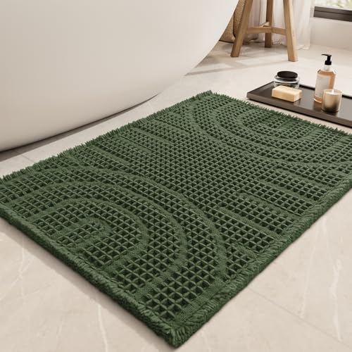 AMOAMI Waffle Bath Mat Super Absorbent Bath Mats for Bathroom Non Silp Machine Washable Bathroom Mat Soft Bath Rugs with Tassels Front of Bathtub, Sin