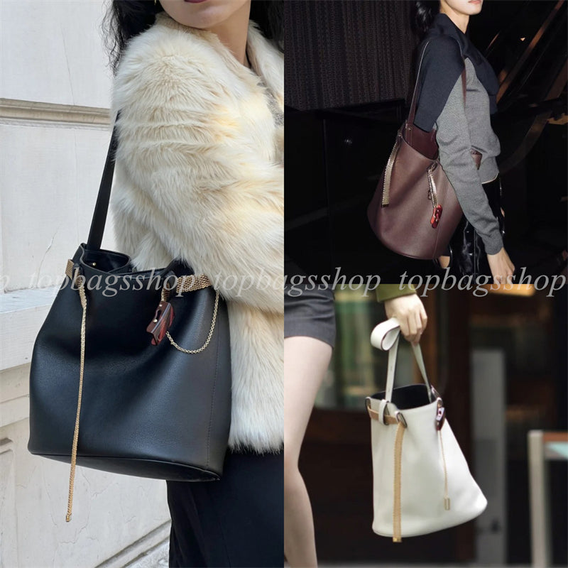 top quality women bucket bag genuine leather fashion shoulder bag belt decoration handbags