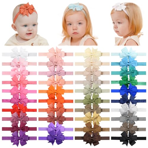 jollybows 40pcs Baby Girls Grosgrain Ribbon Hair Bows Headbands 3" Hair Band Hair Accessories for Infants Newborn Toddler (3- Natural Multi-colored) C