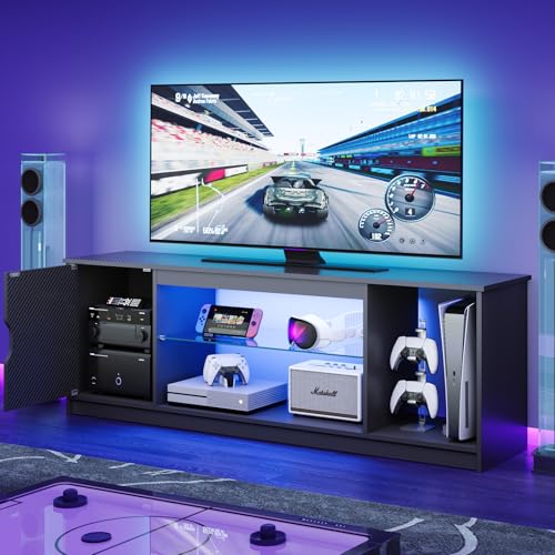 Bestier LED TV Stand for 55-60-65 Inch TV, Gaming Entertainment Center with Cabinet for PS5, Xbox,Modern TV Cabinet with Adjustable Glass Shelves for