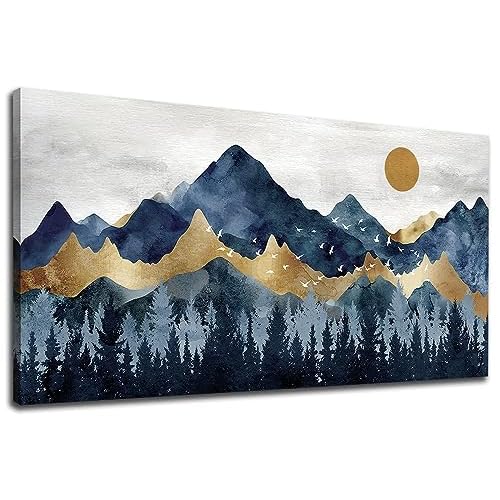 Abstract Nordic Canvas Wall Art - Indigo Blue and Brown Mountain Forest Picture Wall Decor Sun Birds Canvas Painting Nature Landscape Prints Artwork f