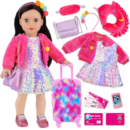 ZITA ELEMENT 18 Inch American Doll Clothes and Accessories, Doll Travel Suitcase Playset for Girls, Cute Travel Doll Clothes for 18 Inch Girl Doll(Not