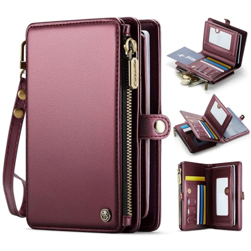 Passport Holder Wallet Bag with AirTag Holder, 11 Card Slots and Passport Solt Cash Solt Photo Solt Zipper Pocket, RFID Blocking Wristlet Strap.Wine
