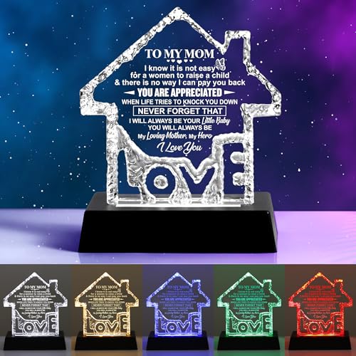 Ideal Gift for Mom, Personalized Crystal House with 7-Color LED Light Base, Perfect for Mom Christmas Retirement Anniversary Birthday Gifts Mom -2 Cry