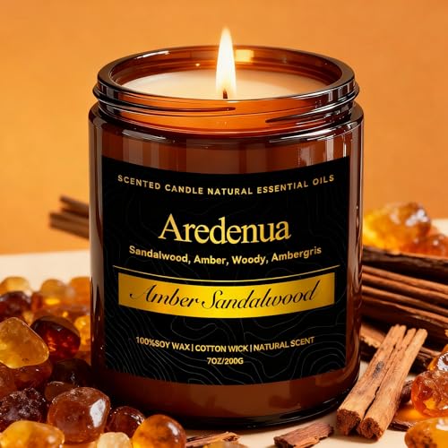 Amber Sandalwood Candle - Scented Candles for Home, Masculine Candle Gifts - 7oz Soy Candles for Relaxation & Home, 50H Long Lasting Clean Burn, Aroma
