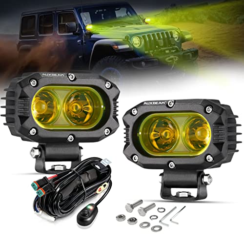 Auxbeam 4 Inch LED Amber Pod Light, 5050 Driving Light 60W Yellow Flood Beam Square Pod Fog Light with DT Wiring Harness for Motorbike SUV ATV Truck J