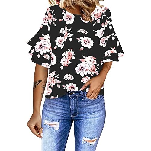 luvamia Women's Casual 3-4 Tiered Bell Sleeve Crewneck Loose Tops Blouses Shirt Large A2 Pink Floral Print Black
