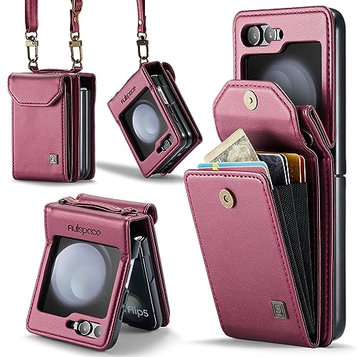 for Samsung Galaxy Z Flip 5 Accordion Crossbody Wallet Case, RFID Blocking Card Holder Slots Retro PU Leather Strap Wristlet with Magnetic Closure .Re