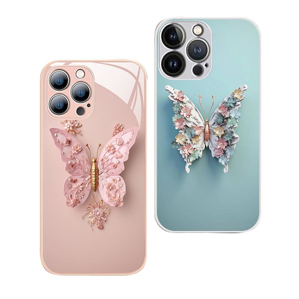 Butterfly Cell Phone Cases For IPhone 15 Promax 14 13 12 Plus Glass Mirror Anti-friction Anti-fingerprint Lanyard Hard Luxury Protective Ful