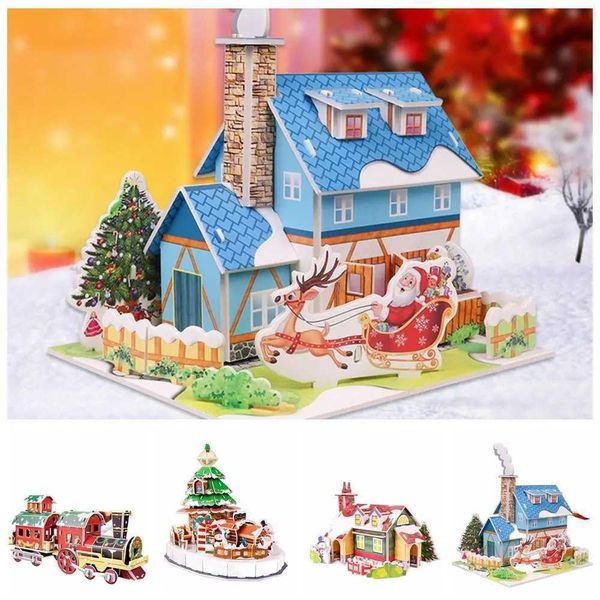 Christmas House Christmas 3D Puzzle Christmas Tree DIY Paper Card Jigs Handmade Train Children Model Toy KidsXJ241218