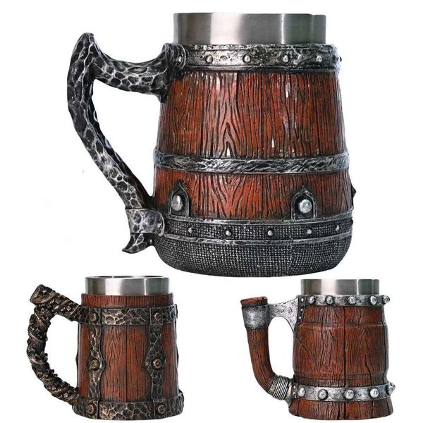 New Viking Imitation Wood Resin Mug Retro Handmade Large-Capacity Stainless Steel Er Wine Glass Beer Jugs Bar Drinkware
