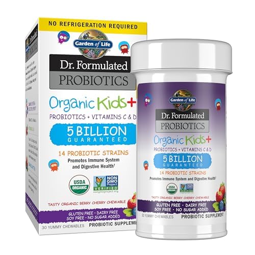 Garden of Life Dr. Formulated Probiotics Organic Kids+ Plus Vitamin C & D - Berry Cherry - Gluten, Dairy & Soy Free Immune & Digestive Health Suppleme