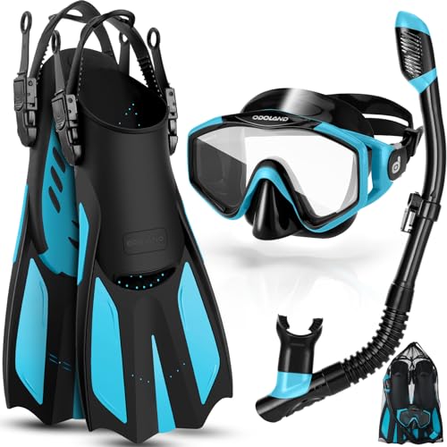 Odoland Snorkel Set, Adults Snorkeling Packages with Dry Top Diving Mask, Adjustable Swim Fins, Mesh Bag, Anti-Fog Anti-Leak Snorkeling Gear for Men W