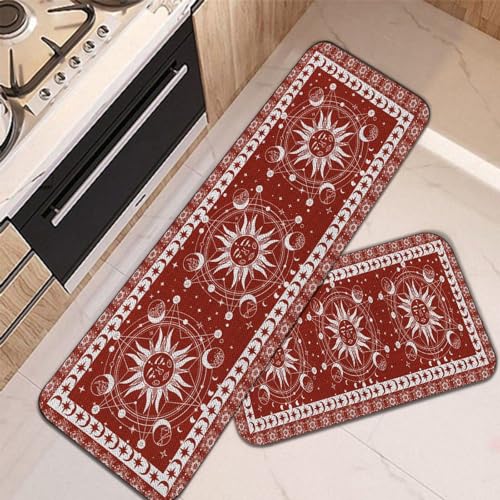 Boho Celestial Kitchen Rug, Farmhouse Bohemian Occult Crescent Kitchen Rugs Set of 2, Washable Non-Slip Kitchen Floor Mats Kitchen Decor, 20"×32"+20"